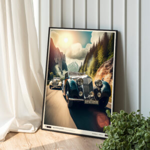 Majestic cars behind sun & mountains poster