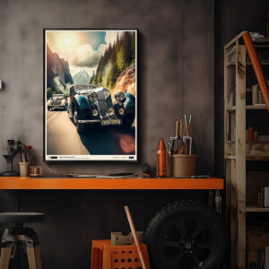 Majestic cars behind sun & mountains poster